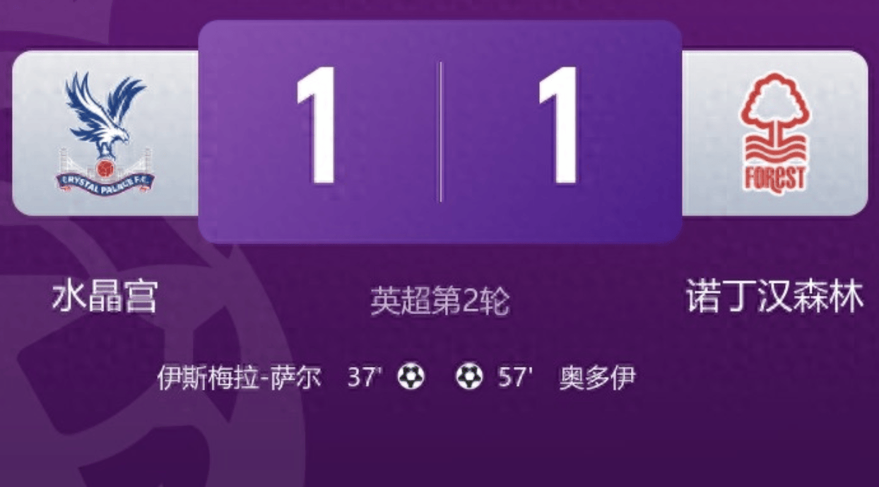 水晶宫1-1诺丁汉,伯恩利2-0桑德兰,连续两次对了