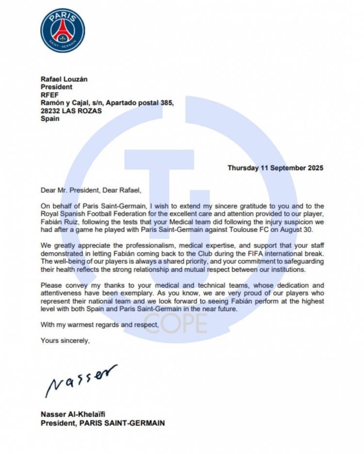 反观？巴黎主席纳赛尔致信西足协，感谢西班牙队放法比安提前归队